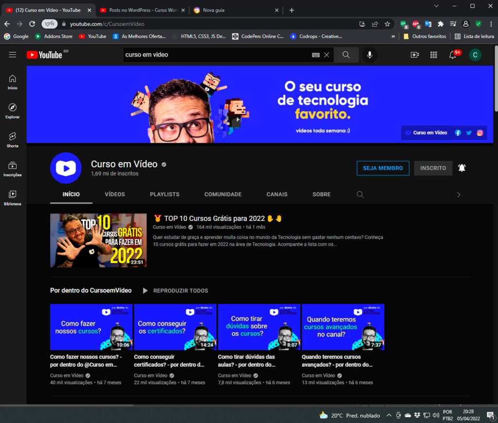 Capa do Canal do YouTube do Cursos em Vídeo