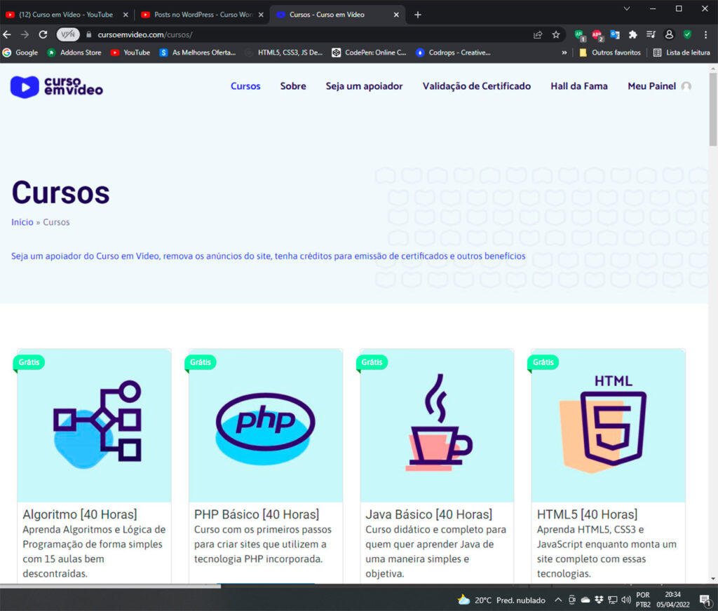 Página de cursos do site Curso em Vídeo